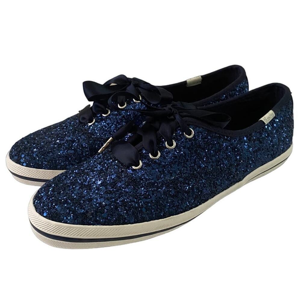 Keds Kate Spade Navy Blue Glitter Satin Lace-Up Sneakers 6.5 NEW Glam Sparkle